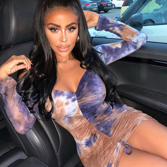 Sexy slim body bag hip drawstring long sleeve printed dress