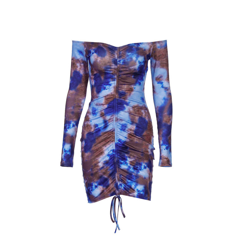 Sexy slim body bag hip drawstring long sleeve printed dress
