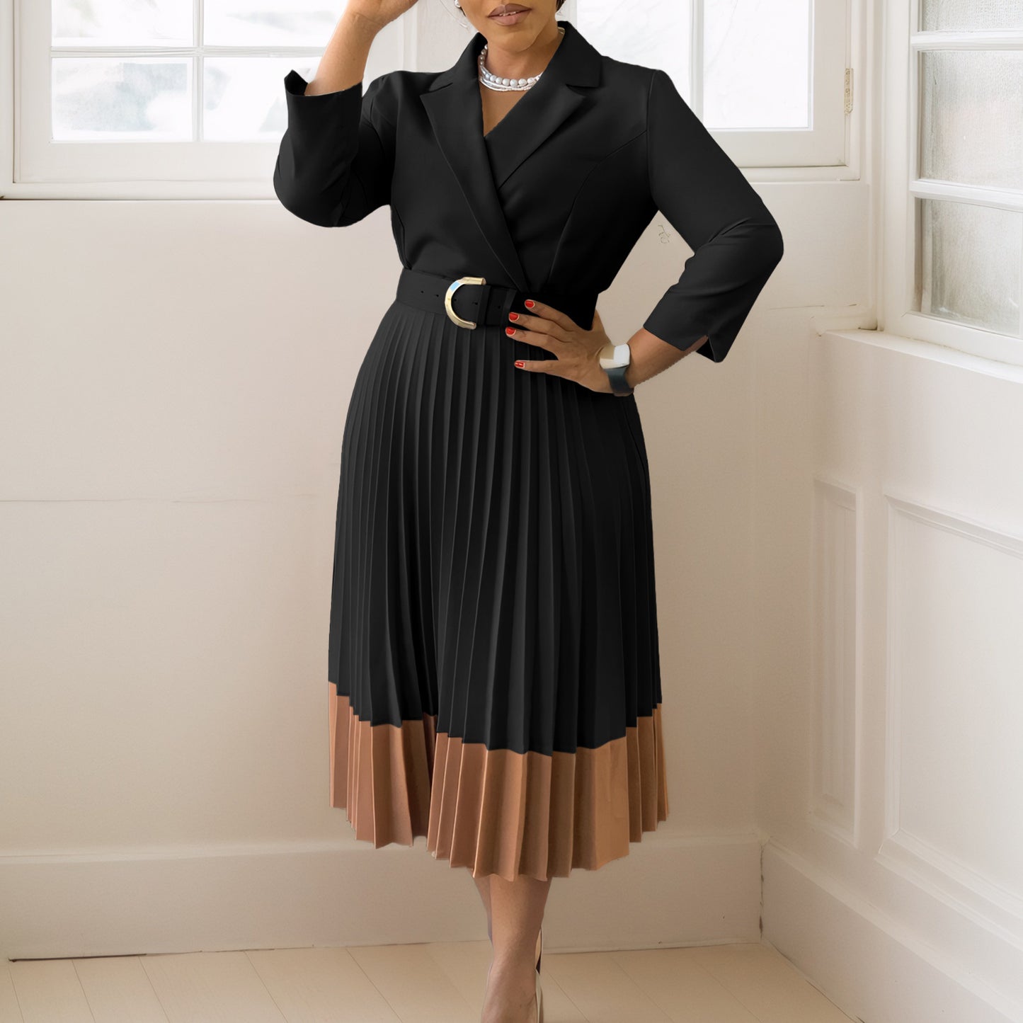 Suit Collar Fashion Elegant Pleated African Dress