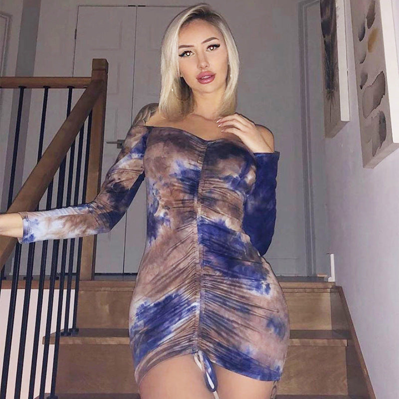 Sexy slim body bag hip drawstring long sleeve printed dress