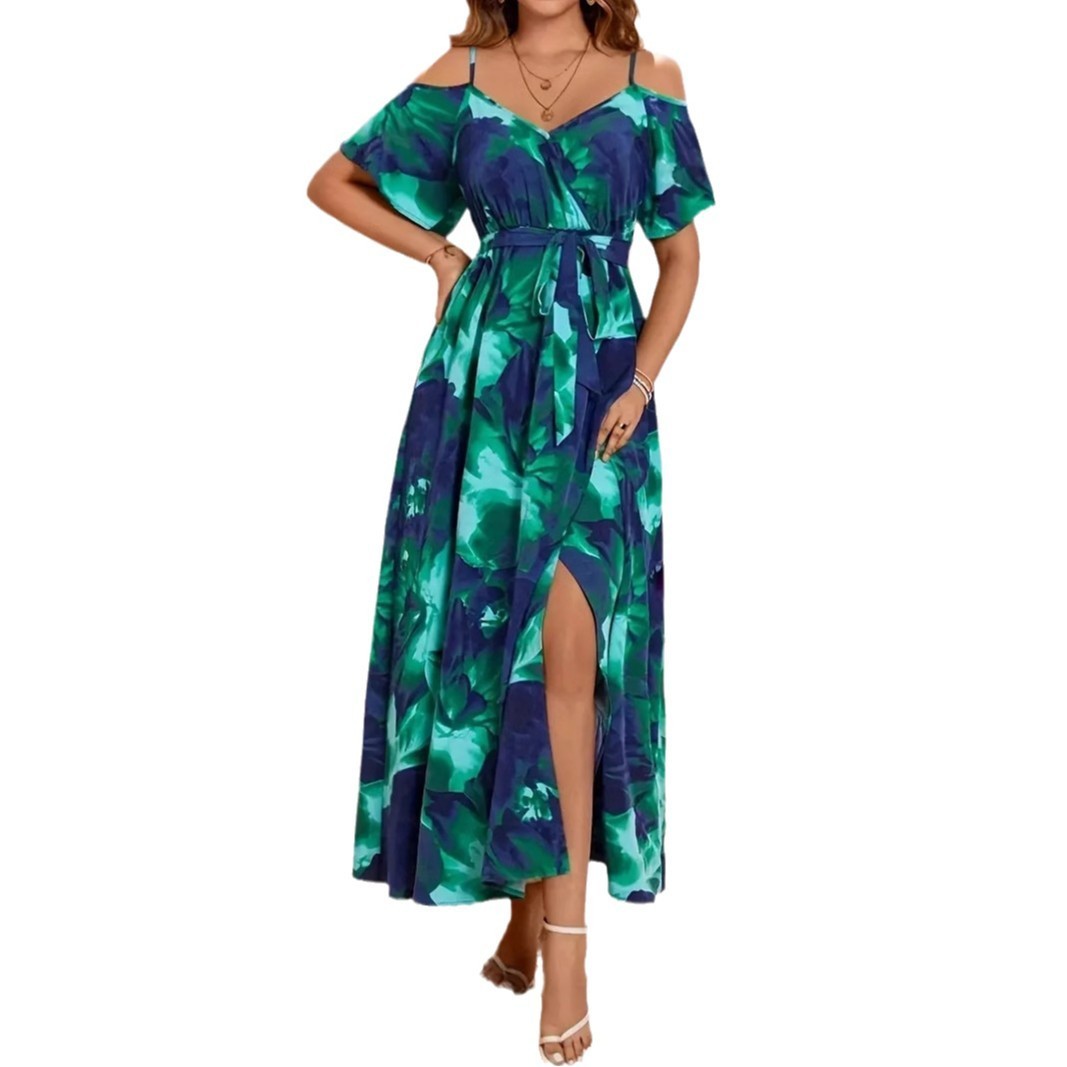 Women's Split Neckline Asymmetric Batwing Sleeve Printed Dress