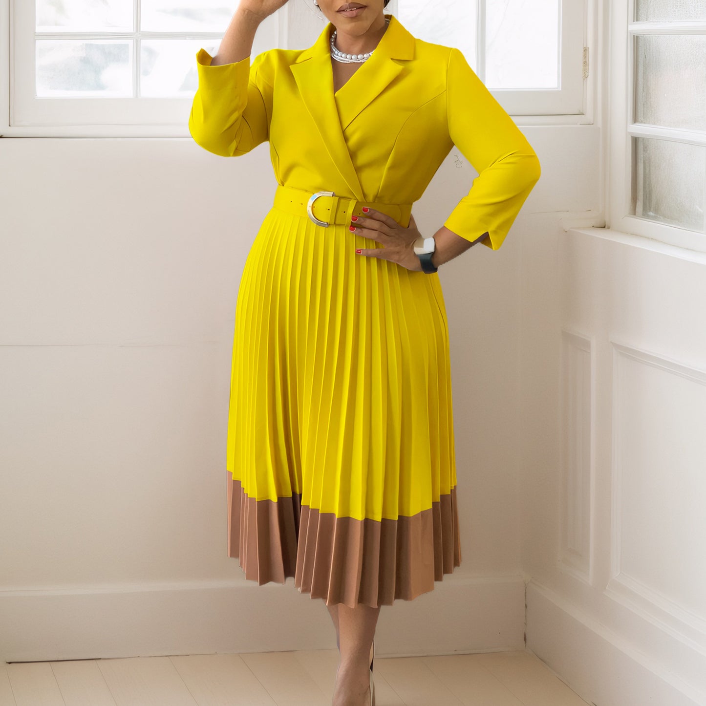 Suit Collar Fashion Elegant Pleated African Dress